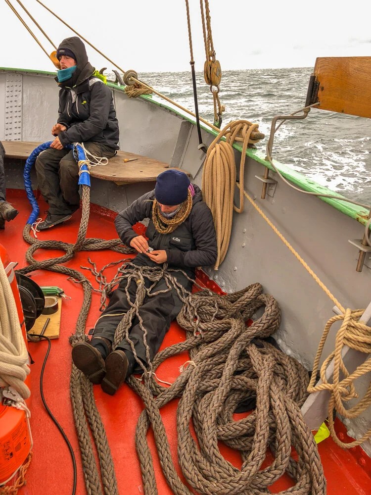  Splicing a hawser at sea, First Mate Martin and Sarah our Canadian deckhand 